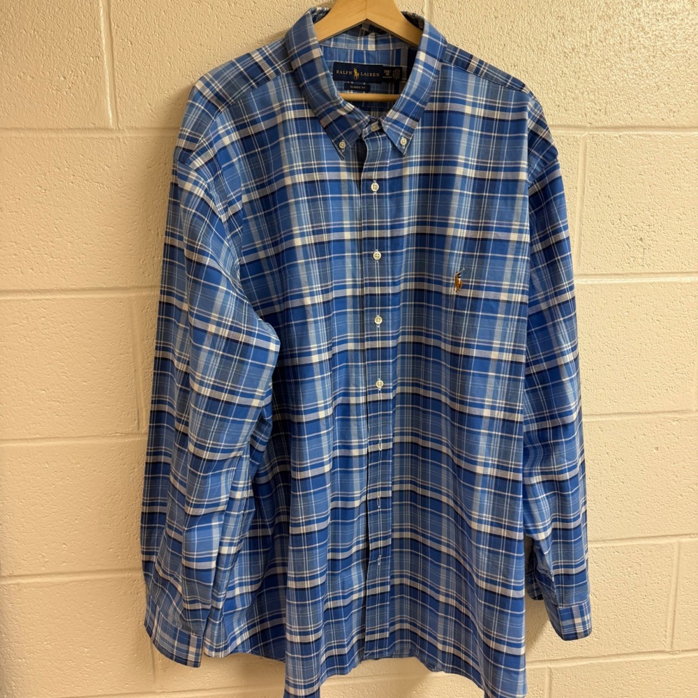 Ralph Lauren Mens Flesh Pony Classic Fit Plaid Button Down Shirt 3XB Blue White